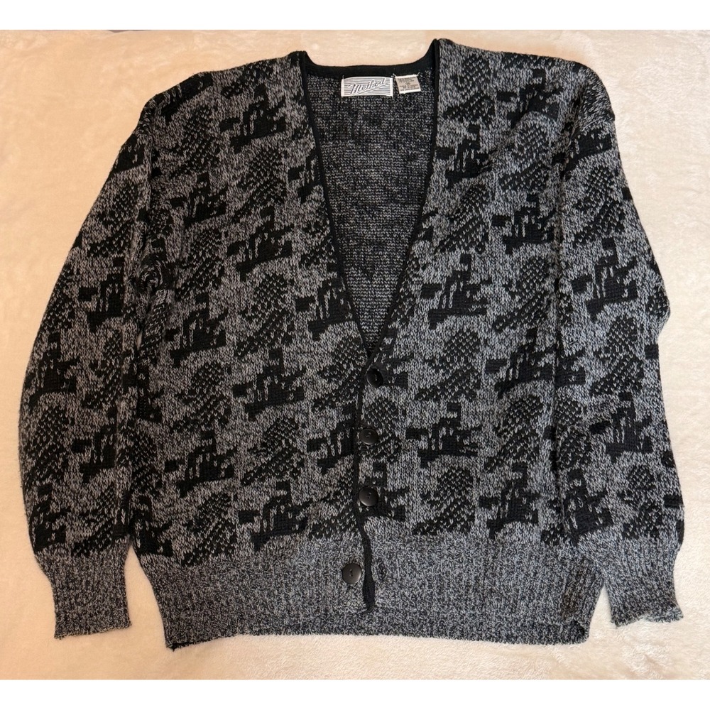 Vintage Method Mens Grey Black Geometric Wool Blend Cardigan Sweater Size M
